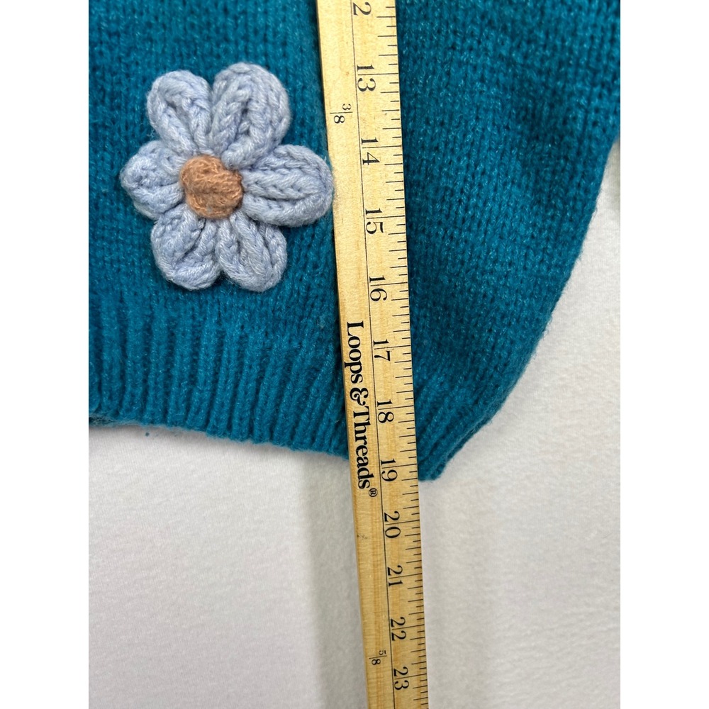 Cottagecore Debut Women XS Teal Blue 3D Floral Crochet Chunky Cropped Cardigan - Picture 5 of 9